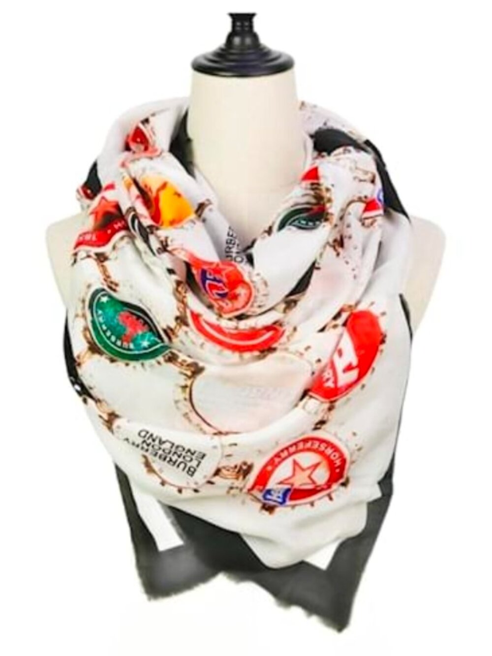 NWT Burberry Bottle Cap Print Silk Blend Scarf Black White Red - Picture 3 of 7